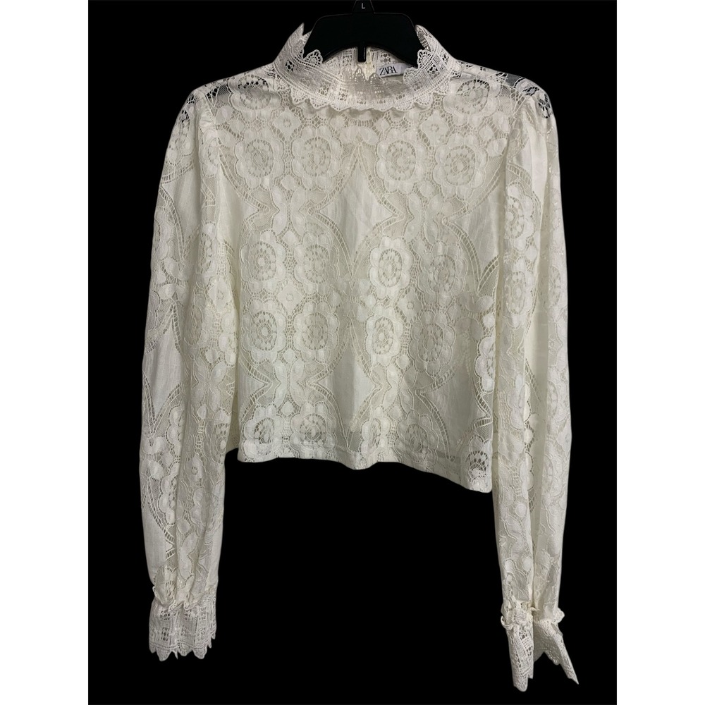 Zara White Floral Lace Mock Neck Long Sleeve Cropped Blouse Small